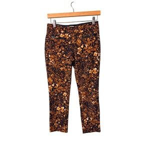 Anthropologie Essential Slim Pants 2 Orange Navy Floral Faux Leather Trim READ